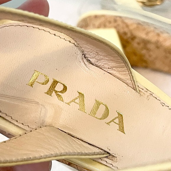 PRADA Women's Yellow Leather Ankle Strap Cork High Heels Sandal Size 36.5 - Picture 15 of 16